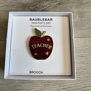 BaubleBar Teachers Pet Red Glitter Apple Brooch Pin Gold Tone Teacher Gift Boxed